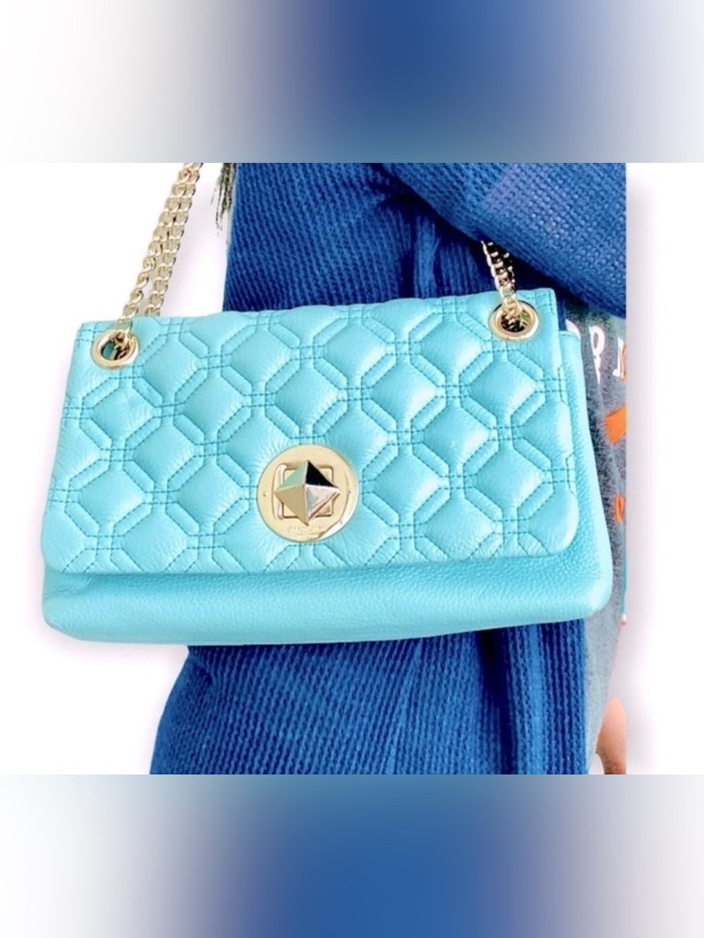 kate spade Leather Aqua🐟🐬🐋 Quilted Chain-Handle Shoulder Bag with Gold Hardware